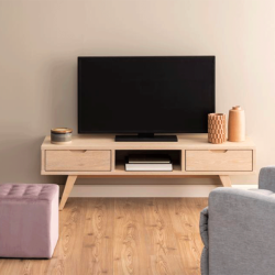 Meuble TV 150cm en bois clair 2 tiroirs 1 niche LINA