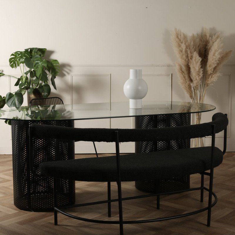Banc design forme ovale en tissu bouclé noir LEO