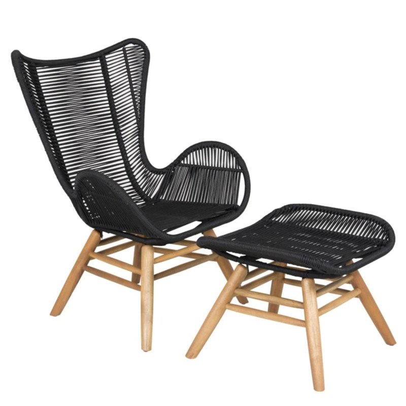 Fauteuil extérieur avec repose-pieds en corde noire CARUPANO