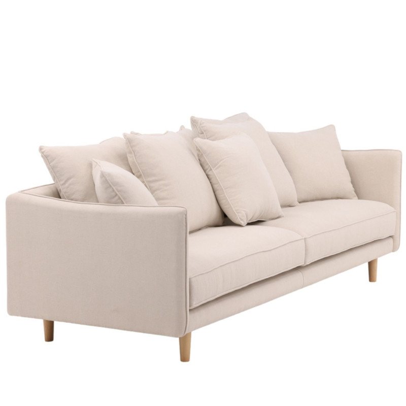 Canapé droit 3 places en tissu beige avec coussins YANN