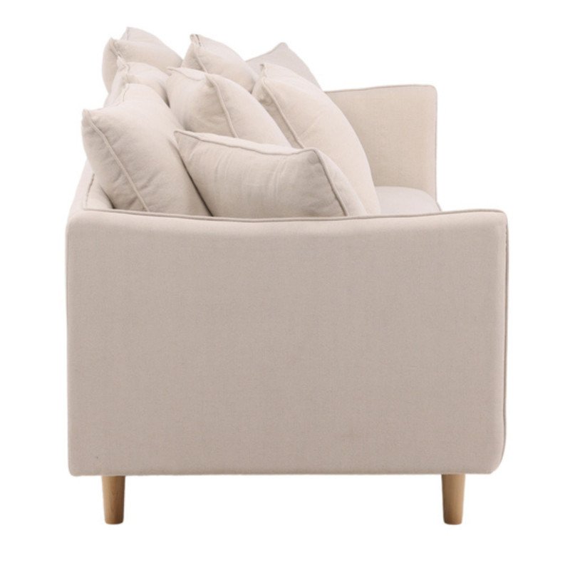 Canapé droit 3 places en tissu beige avec coussins YANN