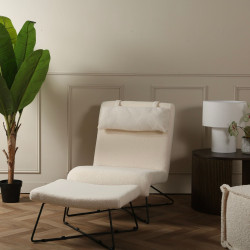Fauteuil en tissu bouclé blanc avec repose-pieds FLIN