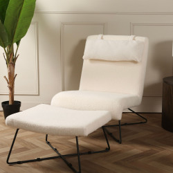 Fauteuil en tissu bouclé blanc avec repose-pieds FLIN