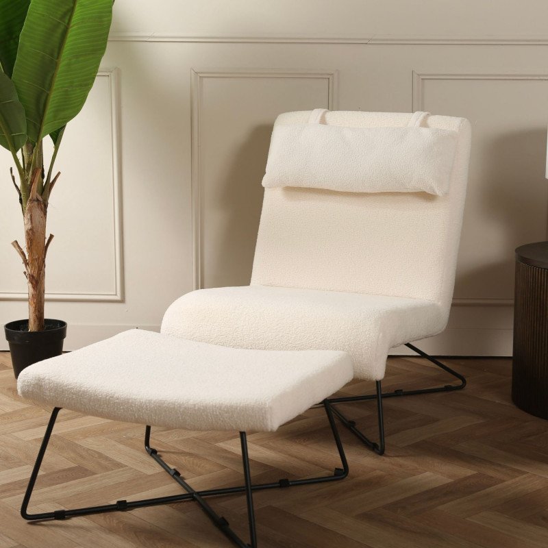 Fauteuil en tissu bouclé blanc avec repose-pieds FLIN