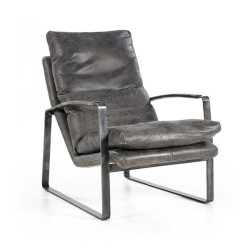 Fauteuil en cuir vieilli et accoudoirs en métal LUKAS, 3 couleurs