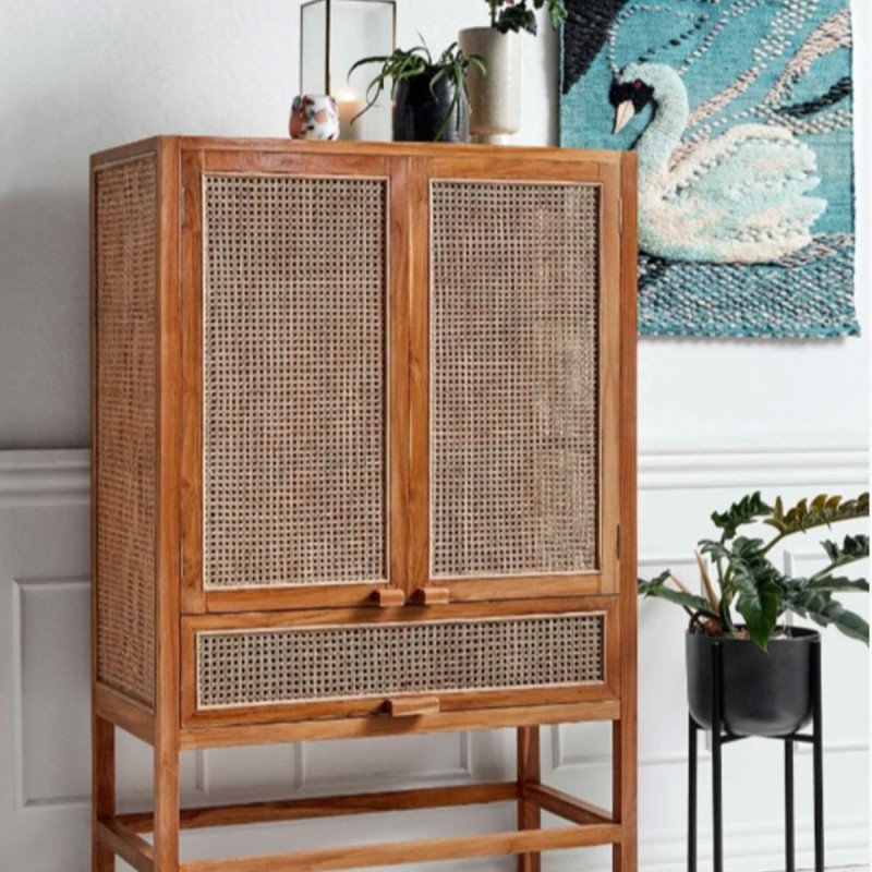 Armoire rétro bois teck massif et portes cannées rotin marque Nordal