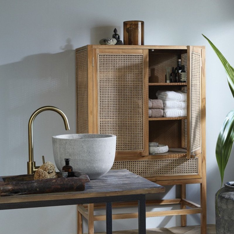 Armoire rétro bois teck massif et portes cannées rotin marque Nordal