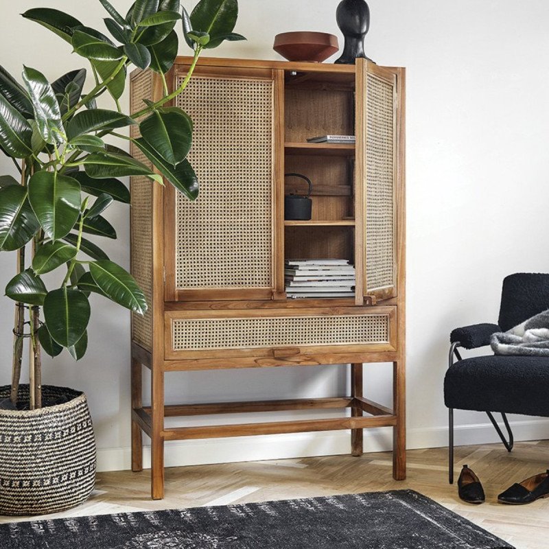 Armoire rétro bois teck massif et portes cannées rotin marque Nordal
